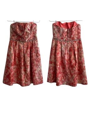 Kay Unger Metallic Floral Brocade A-Line Fit Flare Strapless Midi Dress SZ 10